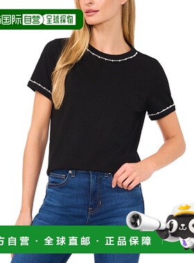 自营CeCe Boxy T-Shirts Women Black Cotton Pearl Trim Short S