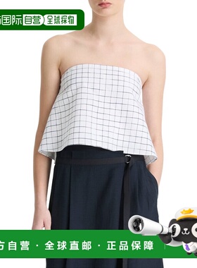 自营Vince Linen-Blend Trellis Plaid Tie Top - white 美国奥莱