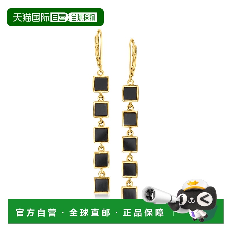 自营 Ross-Simons 18kt 金镀在纯银上黑色玛瑙方链吊式耳环 - 黑