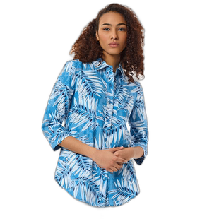 自营 jones new york前排纽扣热带衬衫，印花亚麻 - 蓝色泻湖多色