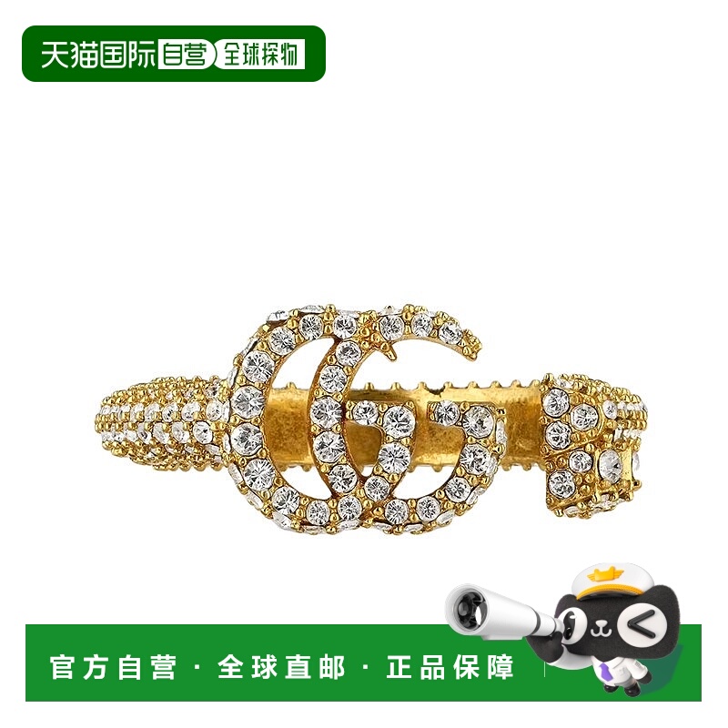 自营GUCCI/古驰 经典款 女士金色黄铜镶透明水晶双G戒指新款