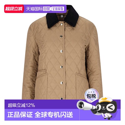 香港直邮Burberry博柏利 女款驼色菱形绗缝按扣翻领棉服外套/8039