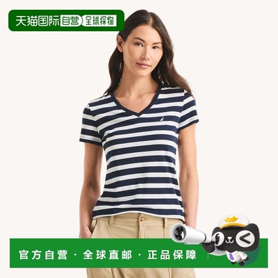 自营Nautica Womens Striped V-Neck T-Shirt - navy seas 美国奥