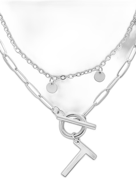 adornia抗锈镀银五彩纸屑和回形针分层字母开关项链 - silver-t