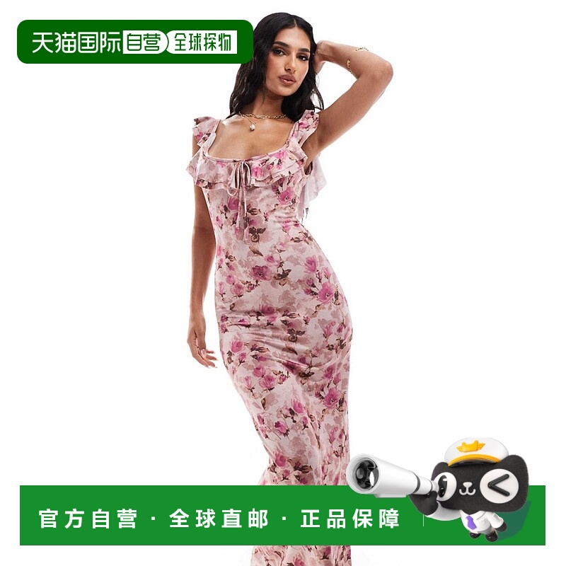 1h可退 香港直邮ASOS 女士 设计皱褶中长茶色锁孔细节杂纹印花连