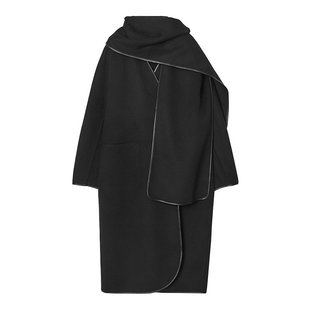 COS 24新款 女士黑色羊毛混纺皮革边饰可拆卸围巾大衣