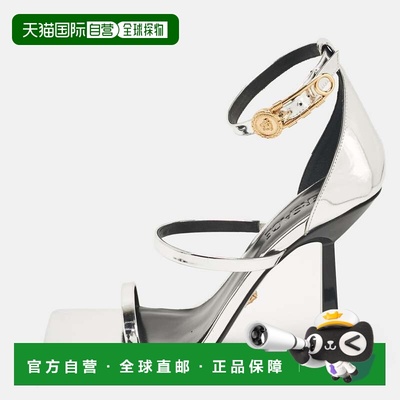 自营Versace Silver Leather Safety Pin Ankle Strap Sandals -