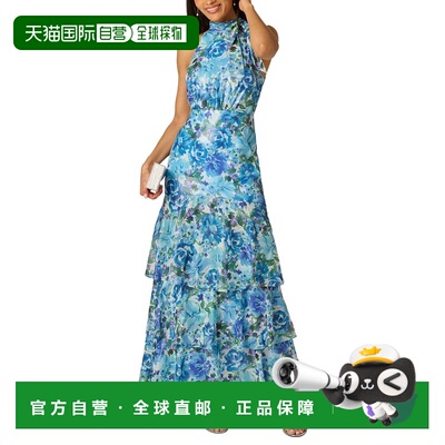 自营Adrianna Papell Glazed Printed Chiffon Long Gown - blue