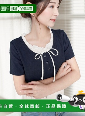 1h可退 日本直邮moment+ 女士韩版蕾丝拼接亨利领T恤 mt07226