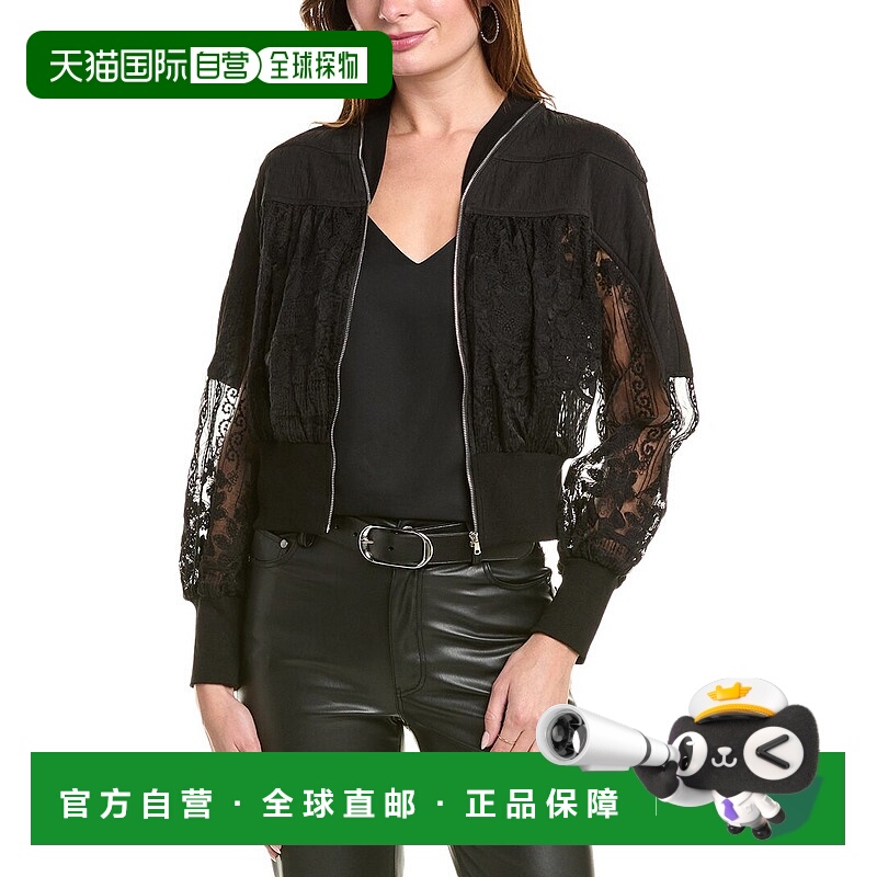 自营Gracia Patchwork Lace Embroidered Zip-Up Jacket - black