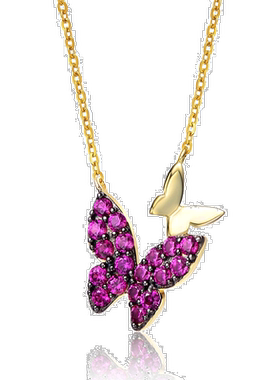 自营 geneviveGV 纯银 14k 黄金镀红宝石立方氧化锆双蝴蝶分层项