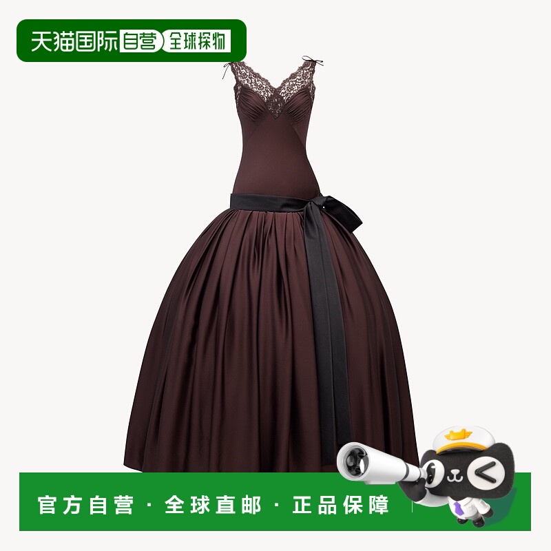 自营欧洲直邮YSL圣罗兰 女士深棕色真丝蕾丝镶边无袖连衣裙长款