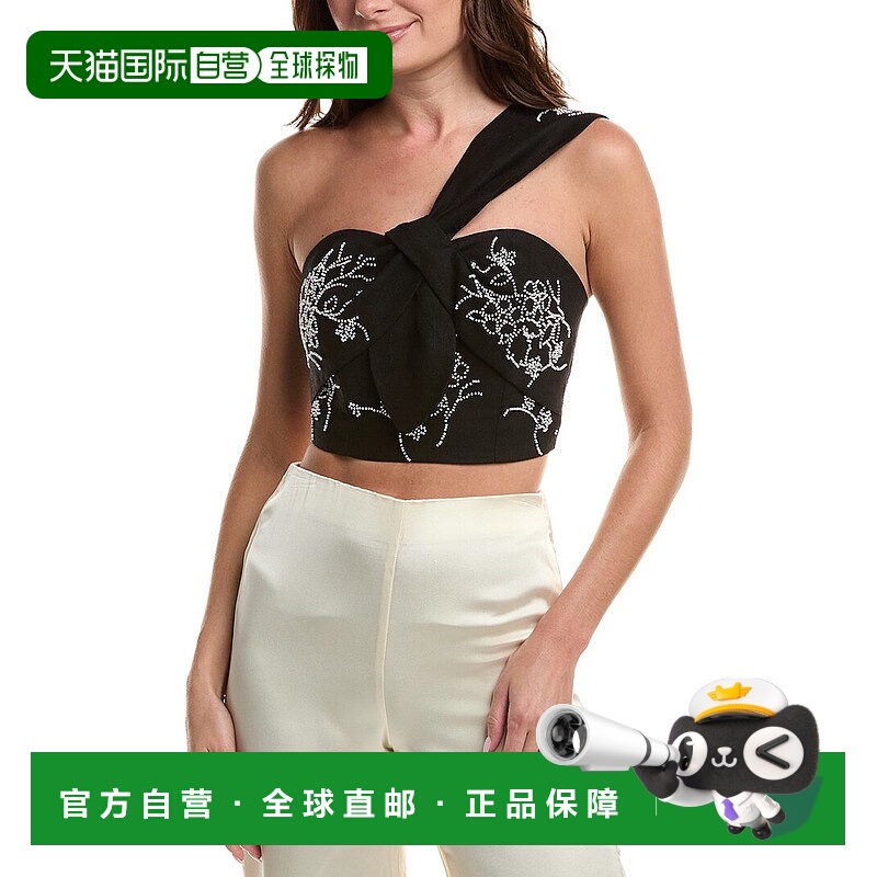 自营Milly Beaded Embroidered Linen-Blend Top - black 美国奥