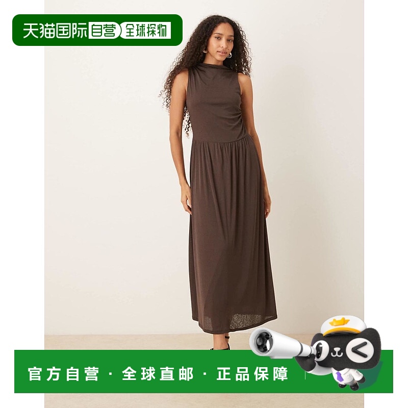 1h可退 香港直邮潮奢 ASOS 女士 aysm 设计袖低腰棕色中长连衣裙