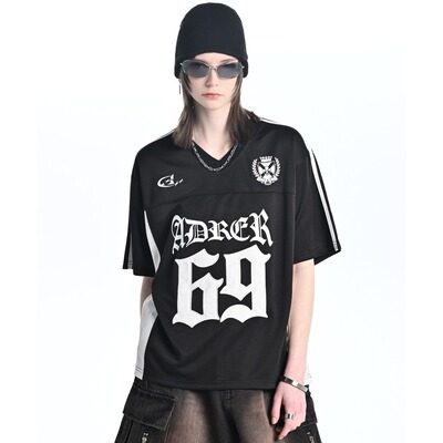 1h可退 日本直邮ADRER男女同款足球主题短袖T恤 69刺绣拼接V领运