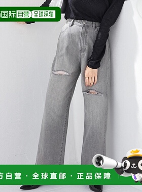 1h可退 日本直邮Honeys女装宽松直筒高腰破洞牛仔裤 528721126