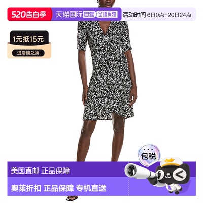 自营GANNI Printed Crepe Wrap Dress - black 美国奥莱直发