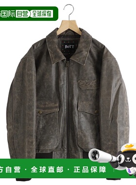 1h可退 日本直邮BOTT男装 复古裂纹全牛皮夹克 半高领纽扣设计 BO