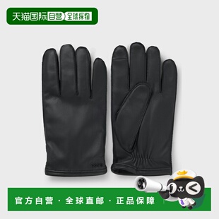 自营欧洲直邮Hugo Boss 男士黑色羔羊皮logo标识手套