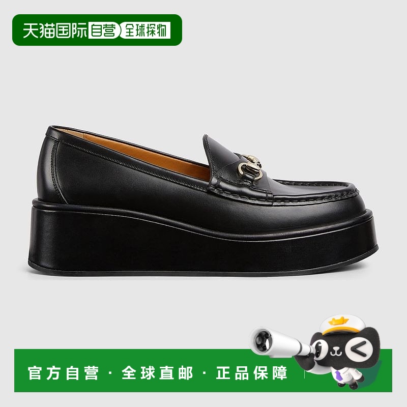 自营欧洲直邮Gucci古驰女士黑色皮革女式马衔扣坡跟乐福鞋单鞋
