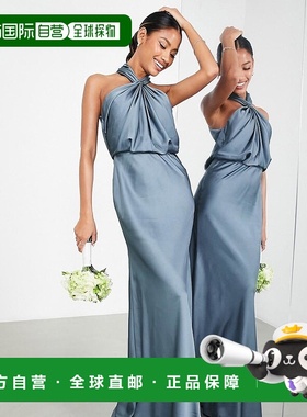 1h可退 香港直邮潮奢 ASOS 女士 Bridesmaid 设计缎面褶皱挂脖蓝(