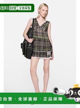 自营欧洲直邮Acne Studios FW25女士绿色/灰色真丝格纹无袖连衣裙