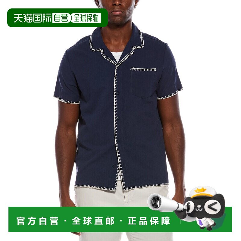 自营vintage summer复古夏季织纹刺绣营地衬衫-海军蓝 美国奥莱直