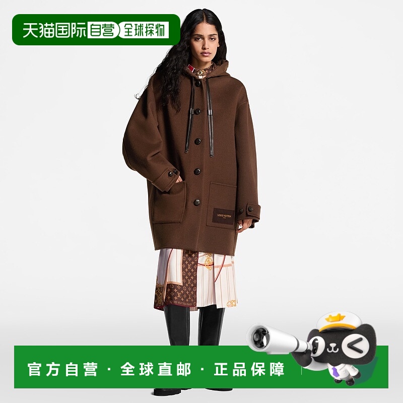自营欧洲直邮LV路易威登 女士棕色羊毛老花图案连帽大衣