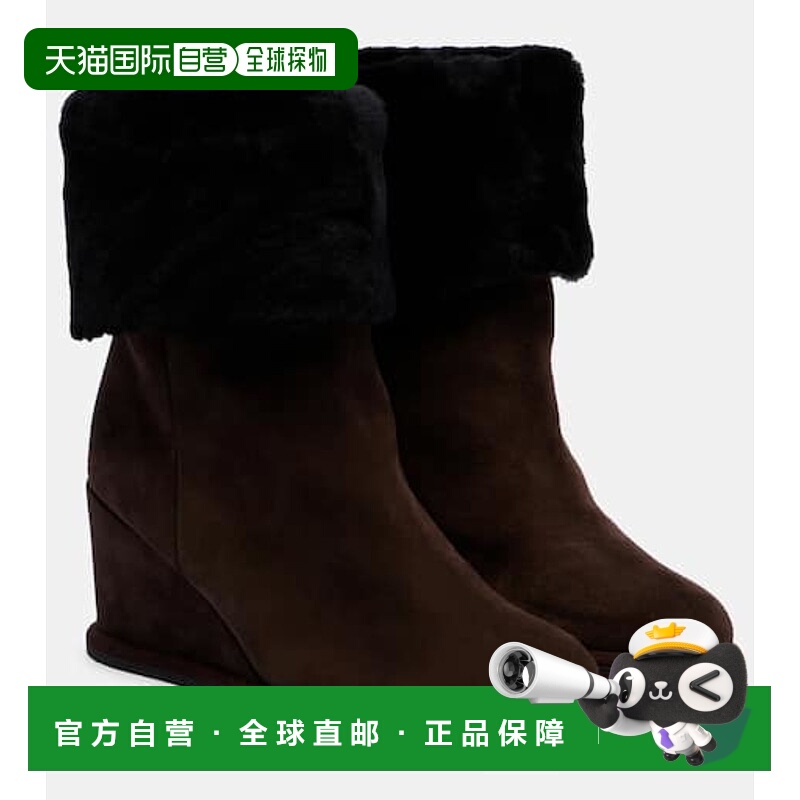 1h可退 香港直邮潮奢 YVES SALOMON 女士 皮毛内里绒面革坡跟短靴