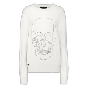 philipp plein带水晶的羊绒套头衫圆领长袖 - 白色 【美国奥莱】