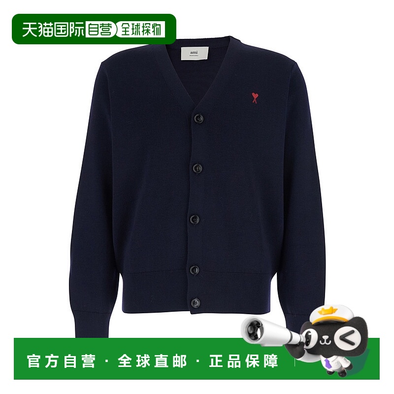 香港直邮Ami Paris 男士 ADC on Front 蓝色V领刺绣羊毛混纺针织