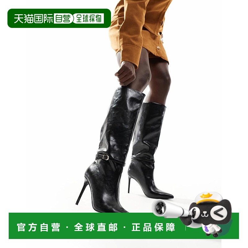 1h可退 香港直邮ASOS 女士 Crowd 设计高跟尖头及膝搭扣靴子(黑色