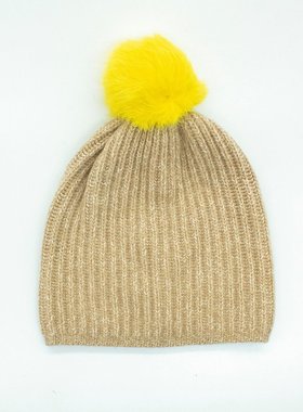 portolano【美国奥莱】直发 带毛绒球的罗纹小圆帽 - 奶油色/黄色