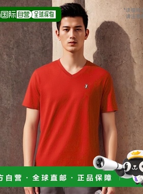 自营 Psycho Bunny 经典 V 领红色男士大码 T 恤 B9U100CRPC-BRI