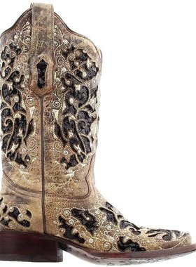 美国直邮Corral 黑色亮片镶嵌方头女靴 时装靴 A3648