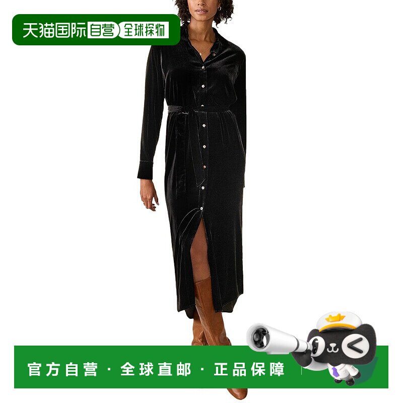 自营Faherty弹力丝绸混纺丝绒Riley Midi连衣裙-黑色 美国奥莱直