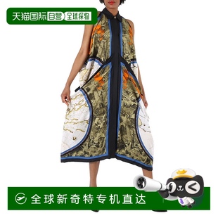 burberry博柏利女士古董綠色地圖印花懸垂絲綢連衣裙 自營 古董綠