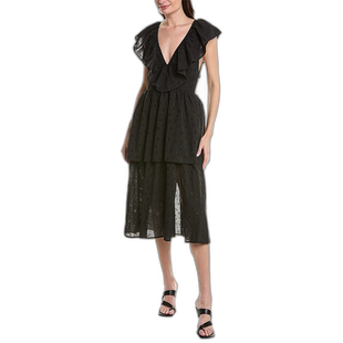 自营 WeWoreWhat 前开衩孔眼荷叶边中长连衣裙 - 黑色 美国奥莱直