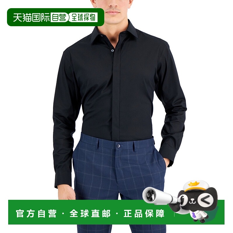 自营Alfani正装衬衫男式黑色常规修身长袖纽扣正装FTS325-黑色 美