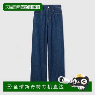 歐洲直郵Gucci 女士深藍(lán)色棉logo標(biāo)識(shí)紅色皮革標(biāo)簽牛仔褲 古馳