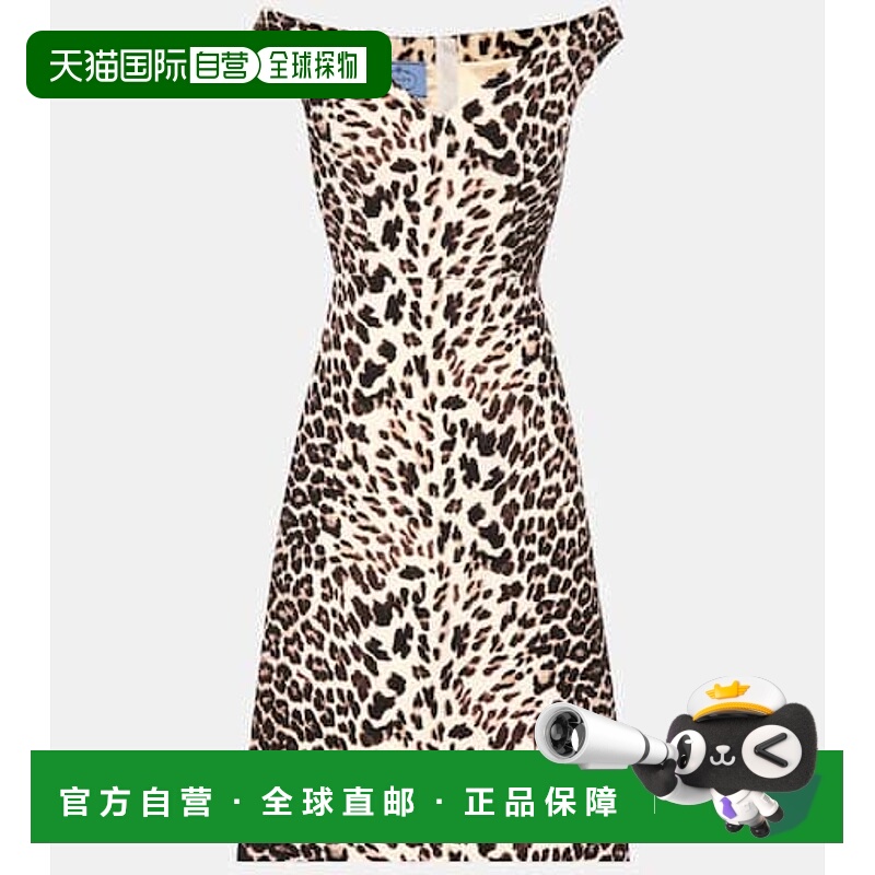 1h可退 香港直邮潮奢 Prada 普拉达 女士 豹纹羊毛中长连衣裙
