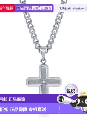 自营blackjack不锈钢拉丝和抛光钢带单条 CZ 十字架项链 银白色