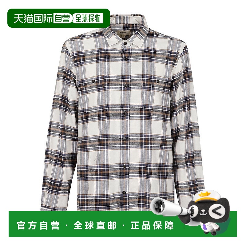 自营woolrichCream-Blue Tartan Cotton Flannel Shirt With Moth