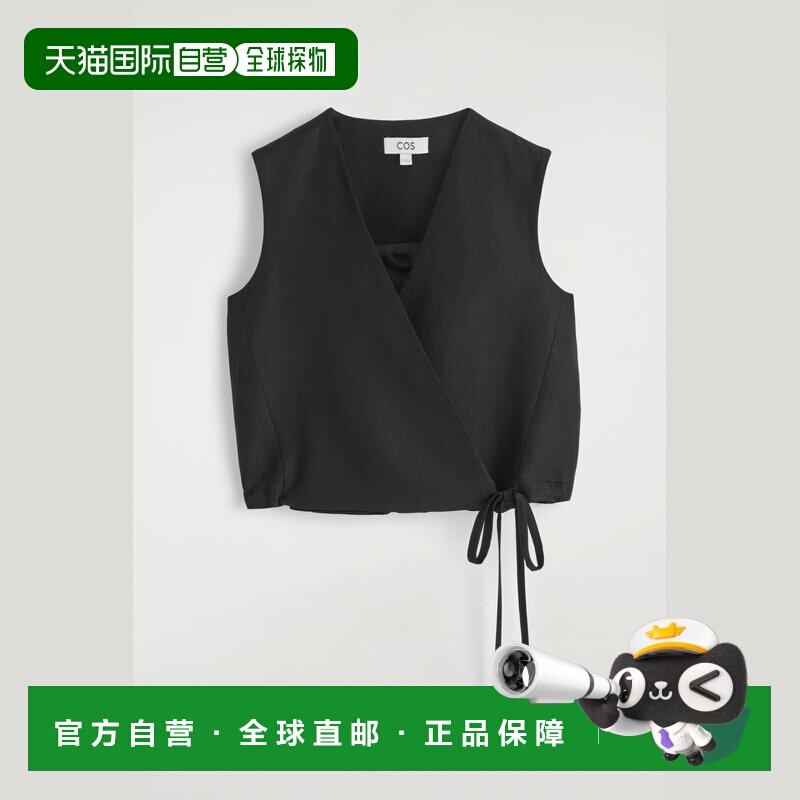 自营欧洲直邮COS 女士黑色亚麻混纺系带裹身马甲背心女装图片