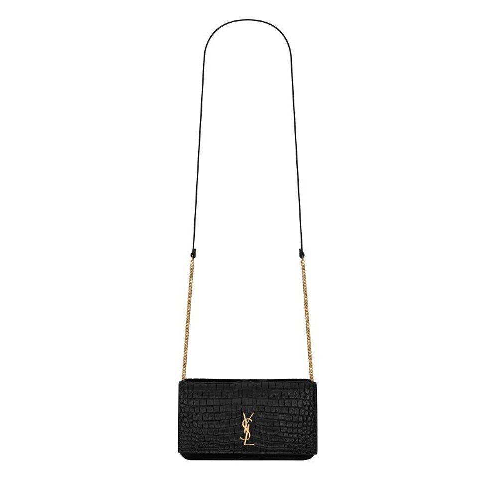 YSL/圣罗兰 女士黑色皮革亮面鳄鱼纹压印皮革饰带单肩包