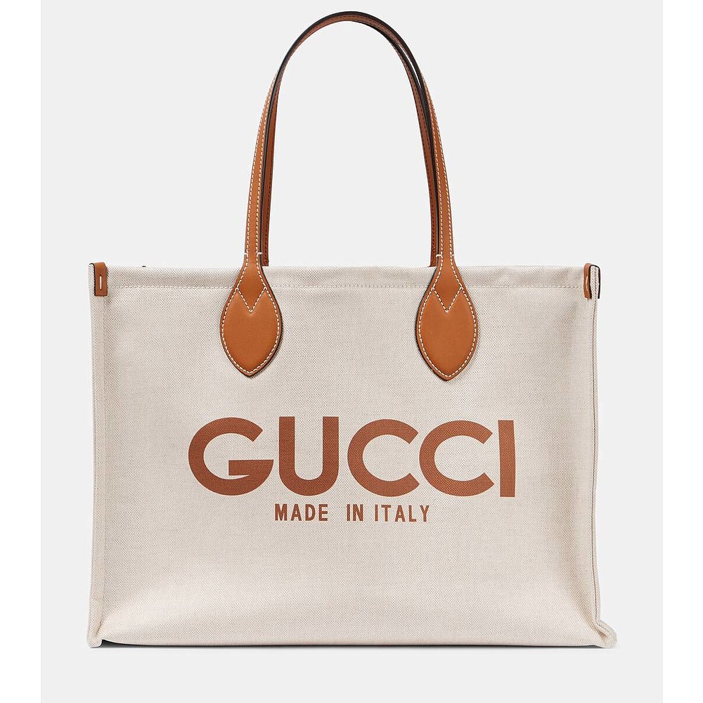 潮奢 Gucci古驰女士 Logo leather-trimmed canvas tote bag