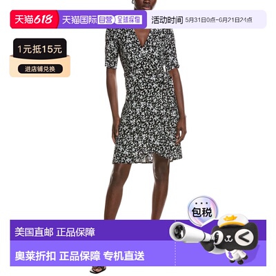 自营GANNI Printed Crepe Wrap Dress - black 美国奥莱直发