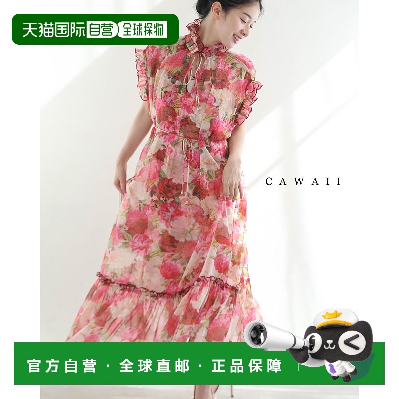 日本直邮沉浸在优雅花卉世界中的立领透视长裙（含内搭和细绳腰带