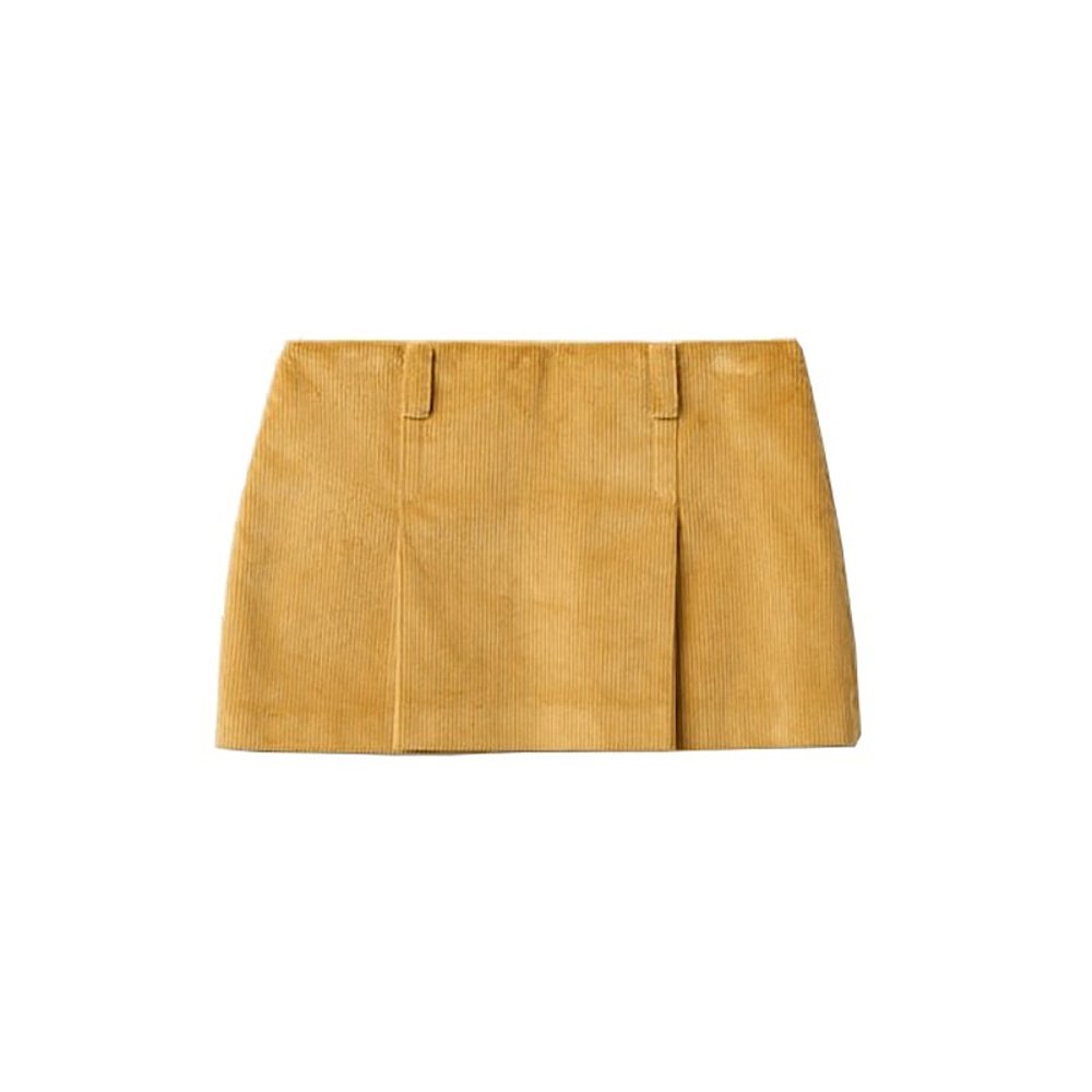 MiuMiu 24新款 女士黄色棉质带衬里徽标雕花搭扣迷你短裙