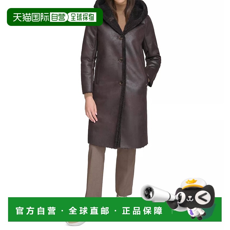 自营calvin kleinHooded Faux Shearling Trim Coat In Brown - b